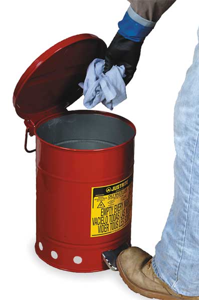 Oily Waste Can, 6 Gallon Capacity, Galvanized Steel, Red, Foot Operated Self Closing