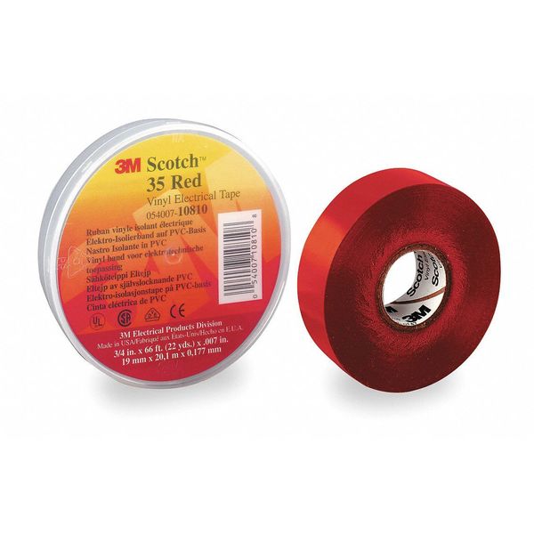 Vinyl Electrical Tape, 35, Scotch, 3/4 in W x 66 ft L, 7 mil thick, Red, 1 Pack