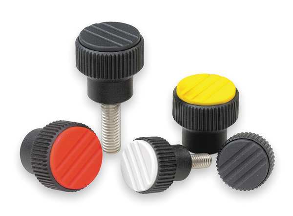 Knurled Knob, Thermoplastic, Black, D= M08X20, D1= 26, H= 26, Comp: Stainless Steel, Cap: Black