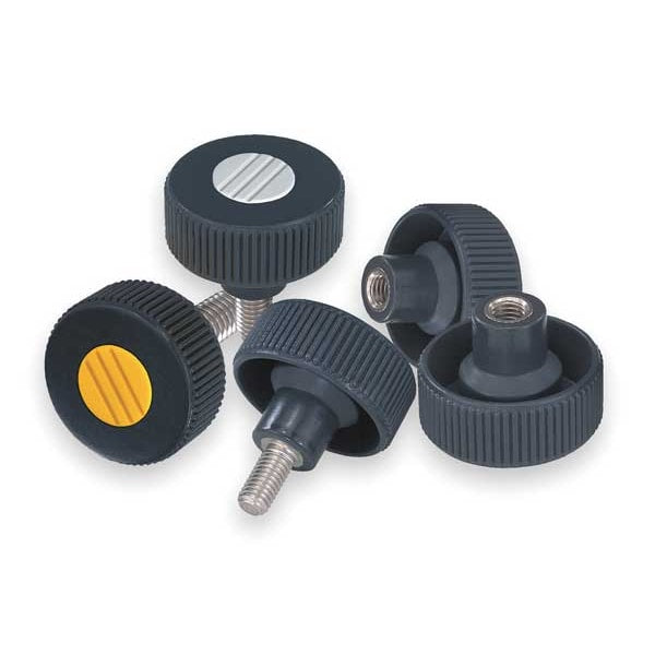 Knurled Knob, Sz: 1, D1= 40 D=M08, Form K, Plastic Black, Comp: Stainless Steel, Cap: Black