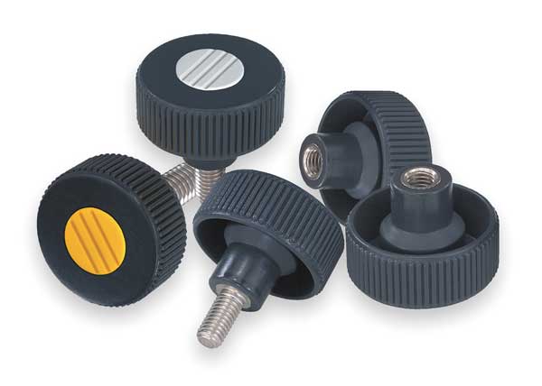Knurled Knob, Sz: 2, D1= 50 D=3/8-16, Form K, Plastic Black, Comp: Stainless Steel, Cap: Black