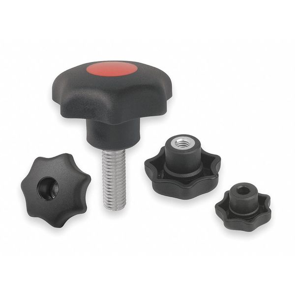 Star Grip, DIN 6336 Similar, D=1/4-20X30, D1= 25, External Thread, Steel, Black Plastic, Cap Black