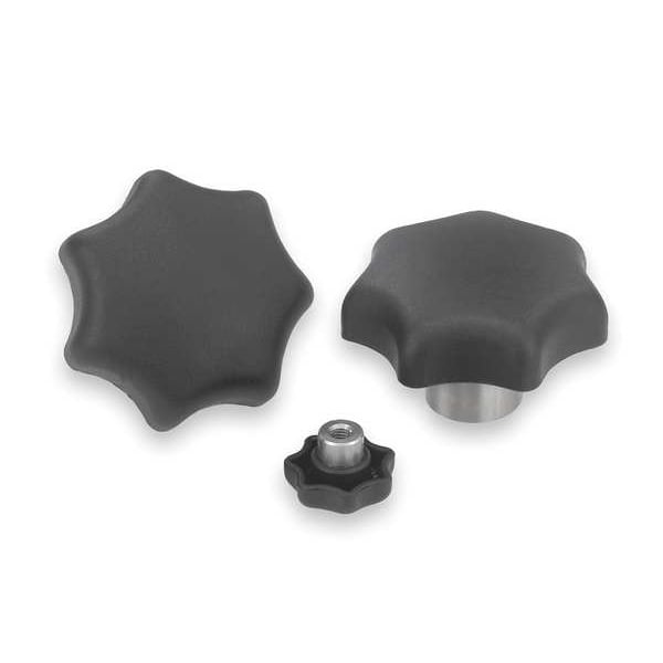 Star Grip With Steel Bushing, D=3/8-16, D1= 63, H=40, Form K, Tapped Blind Hole, Thermoplastic Black