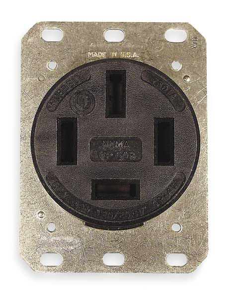 Receptacle, 60 A Amps, 120/208V AC, Flush Mount, Single Outlet, 18-60R, Black