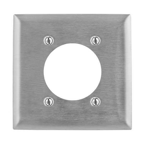 Receptacle Wall Plate, 1 Circular Opening, 2.48 in Dia, 2 Gangs, Stainless Steel, Brushed, Silver