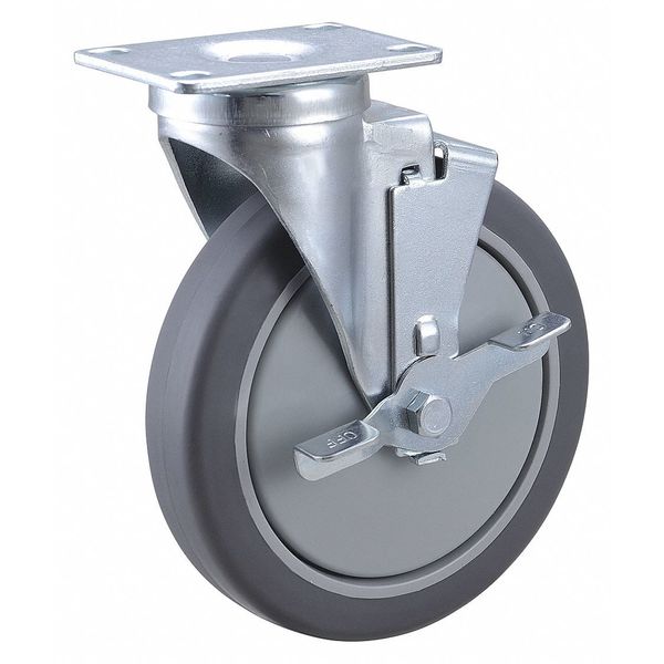 Swivel Plate Caster w/Brake, Polyurethanen, 6in, 300lb