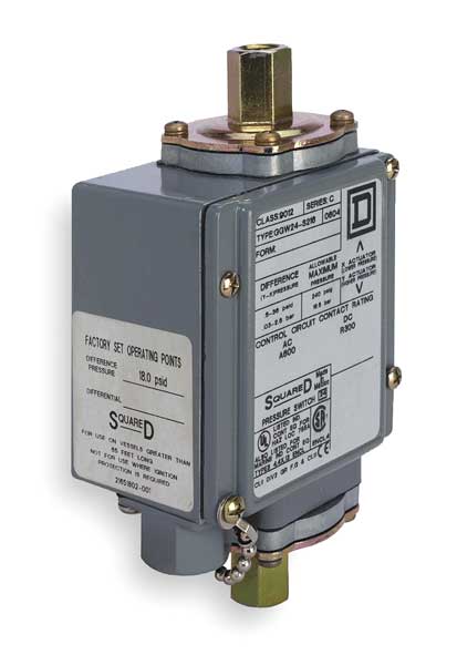 Pressure Switch, (2) Port, 1/4-18 in FNPT, DPDT, 0 to 175 psi, Standard Action