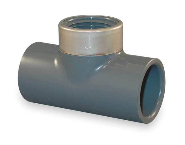 PVC, Stainless Steel Tee, Socket x Socket x FNPT, 3/4 in x 1/4 in Pipe Size
