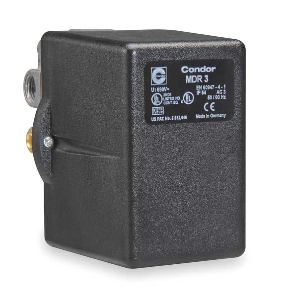 Pressure Switch, (1) 3/8 in FNPT, (3) 1/4 in FNPT, (4) Port, 3PST, 45 to 160 psi, Standard Action