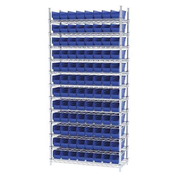 Steel Wire Bin Shelving, 36 in W x 74 in H x 14 in D, 12 Shelves, Silver/Blue