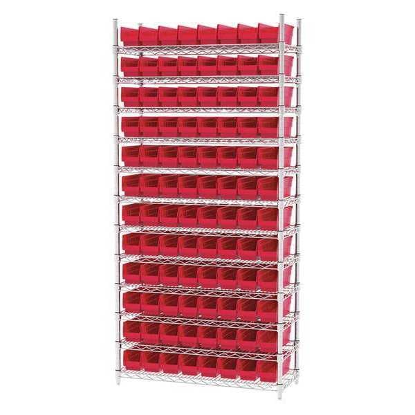 Steel Wire Bin Shelving, 36 in W x 74 in H x 14 in D, 12 Shelves, Silver/Red