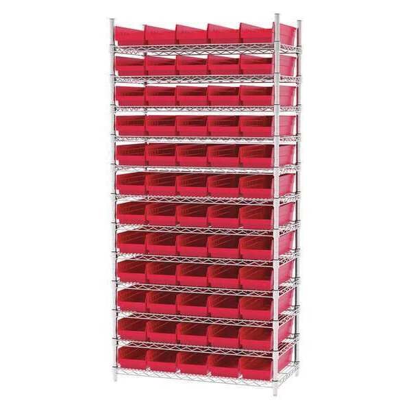 Steel Wire Bin Shelving, 36 in W x 74 in H x 18 in D, 12 Shelves, Silver/Red