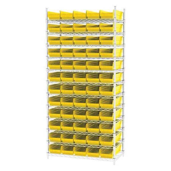 Steel Wire Bin Shelving, 36 in W x 74 in H x 18 in D, 12 Shelves, Silver/Yellow