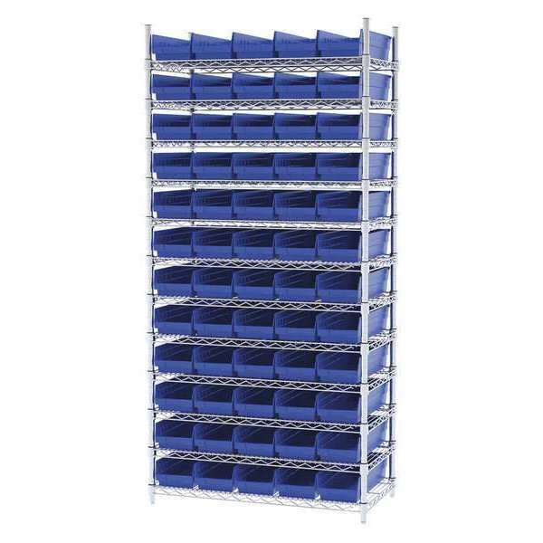 Steel Wire Bin Shelving, 36 in W x 74 in H x 18 in D, 12 Shelves, Silver/Blue