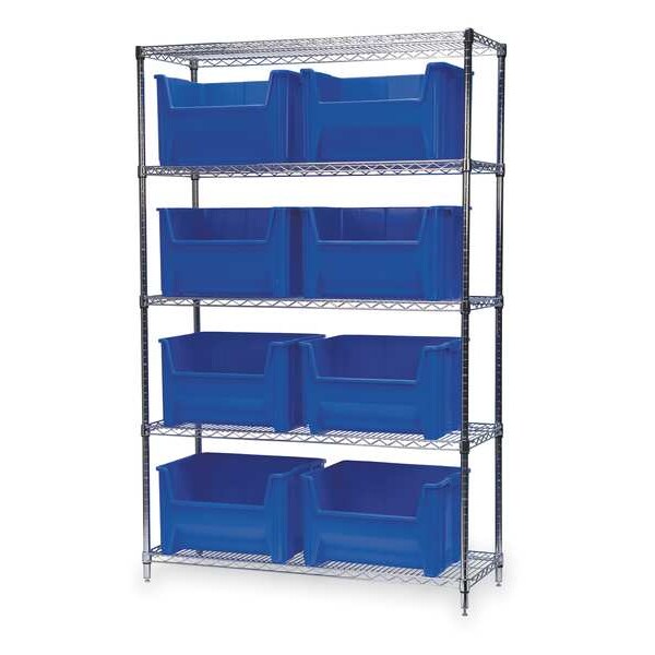 Steel Wire Bin Shelving, 48 in W x 74 in H x 18 in D, 5 Shelves, Silver/Blue