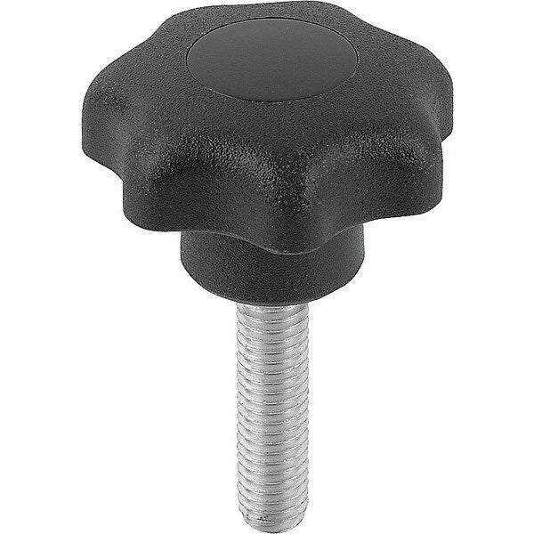 Star Grip, DIN 6336 Similar, D=3/8-16X40, D1= 50, External Thread, Steel, Black Plastic, Cap Black