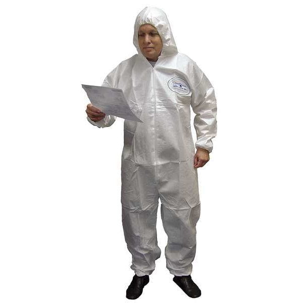 Hooded Disposable Coveralls, 25 PK, White, Laminated Nonwoven, Zipper