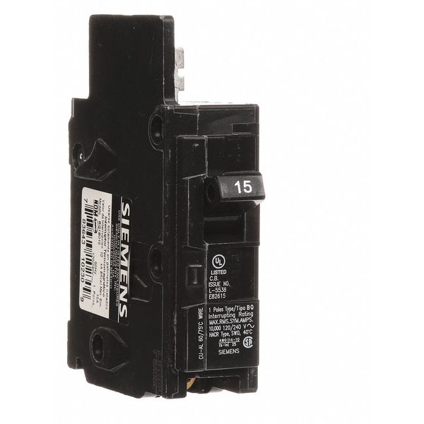 Miniature Circuit Breaker, 15 A, 120V AC, 1 Pole, Bolt On Mounting Style, BQ Series