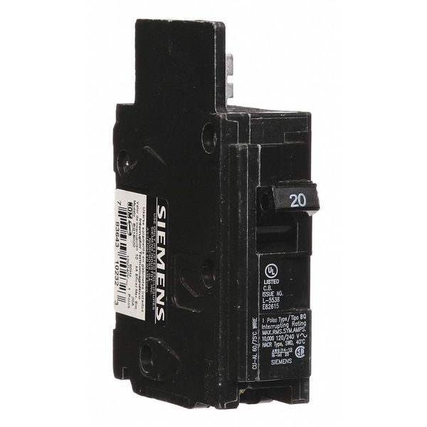 Miniature Circuit Breaker, 20 A, 120V AC, 1 Pole, Bolt On Mounting Style, BQ Series