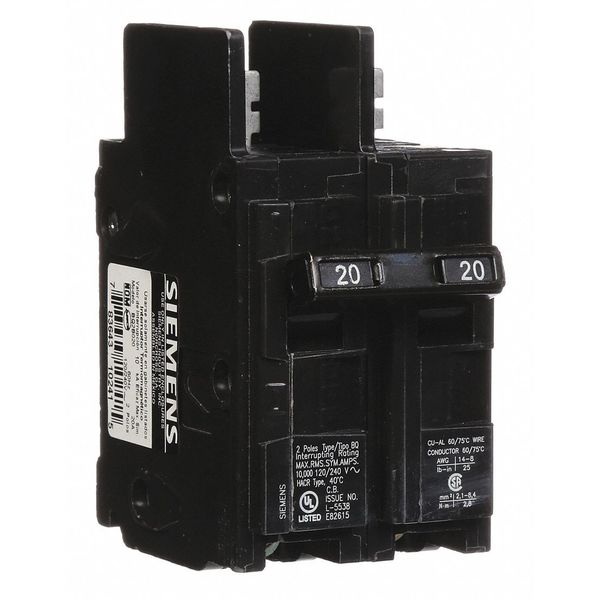Miniature Circuit Breaker, 20 A, 120/240V AC, 2 Pole, Bolt On Mounting Style, BQ Series