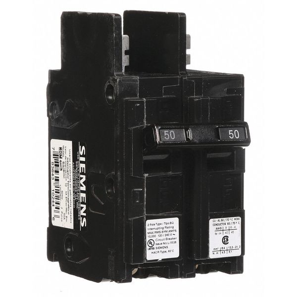 Miniature Circuit Breaker, 50 A, 120/240V AC, 2 Pole, Bolt On Mounting Style, BQ Series