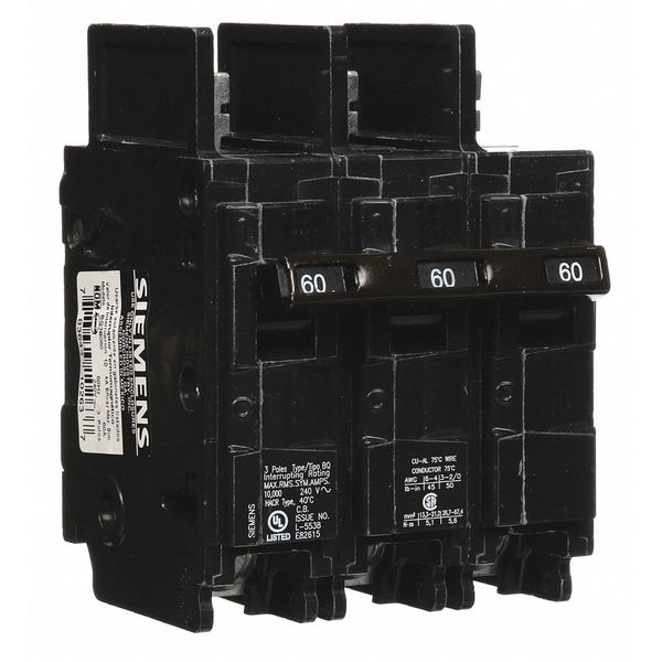 Miniature Circuit Breaker, 60 A, 240V AC, 3 Pole, Bolt On Mounting Style, BQ Series