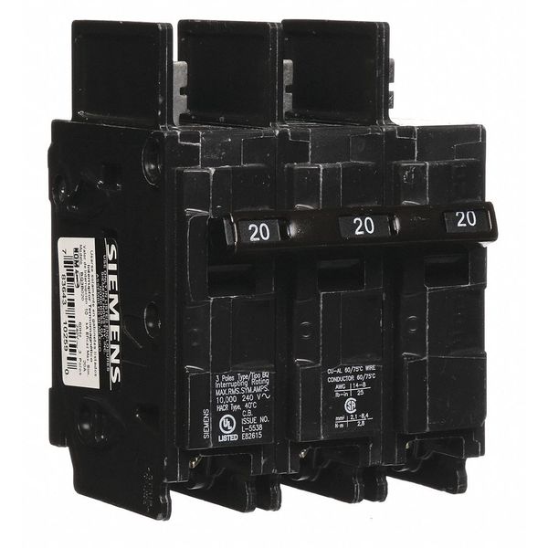 Miniature Circuit Breaker, 20 A, 240V AC, 3 Pole, Bolt On Mounting Style, BQ Series