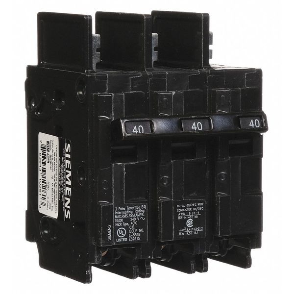 Miniature Circuit Breaker, 40 A, 240V AC, 3 Pole, Bolt On Mounting Style, BQ Series