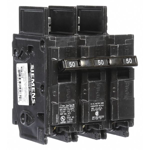 Miniature Circuit Breaker, 50 A, 240V AC, 3 Pole, Bolt On Mounting Style, BQ Series
