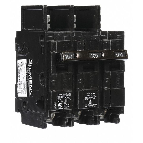 Miniature Circuit Breaker, 100 A, 240V AC, 3 Pole, Bolt On Mounting Style, BQ Series