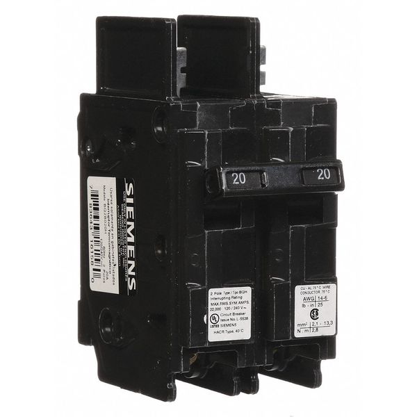 Miniature Circuit Breaker, 20 A, 120/240V AC, 2 Pole, Bolt On Mounting Style, BQH Series
