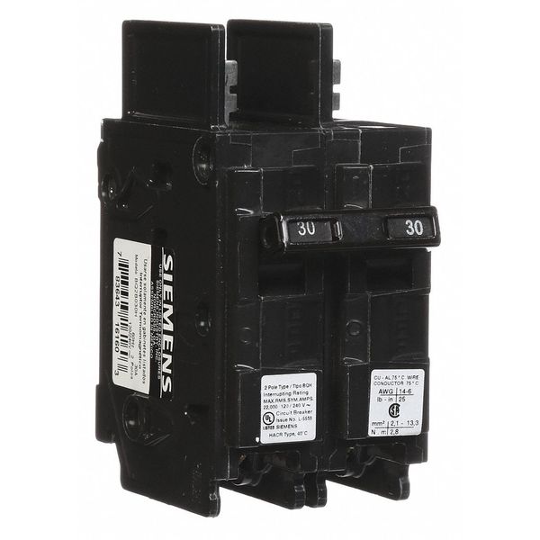 Miniature Circuit Breaker, 30 A, 120/240V AC, 2 Pole, Bolt On Mounting Style, BQH Series