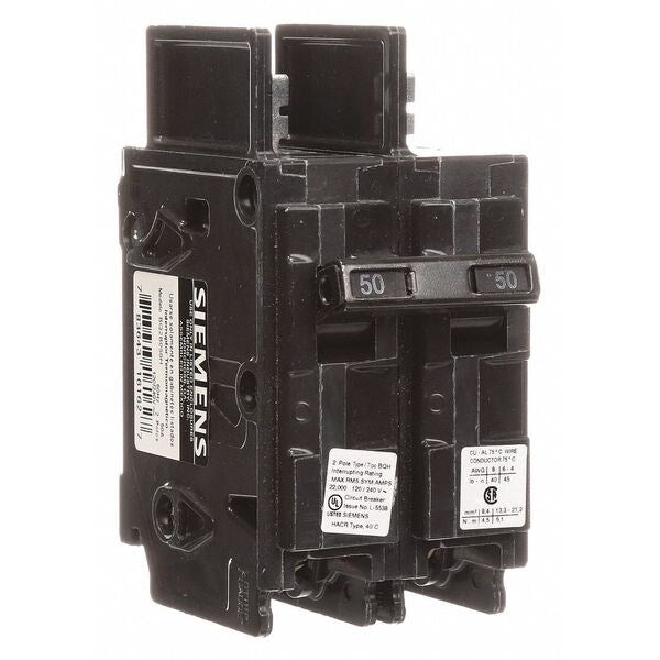 Miniature Circuit Breaker, 50 A, 120/240V AC, 2 Pole, Bolt On Mounting Style, BQH Series