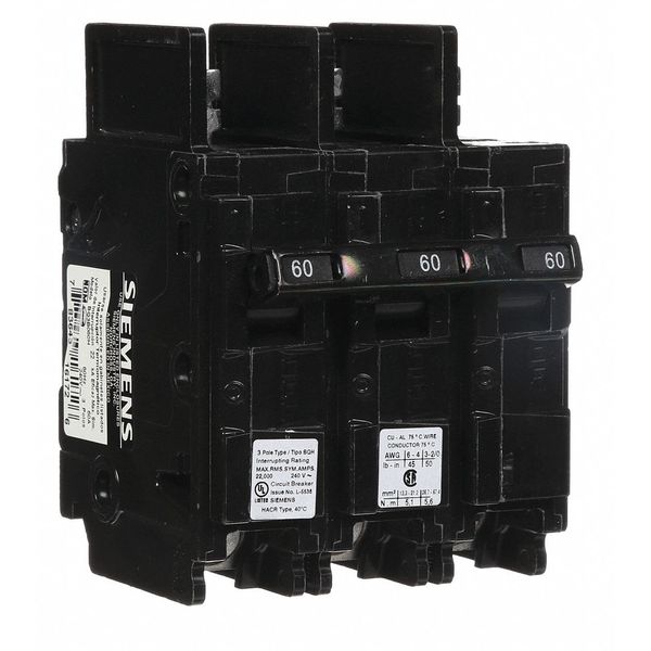 Miniature Circuit Breaker, 60 A, 240V AC, 3 Pole, Bolt On Mounting Style, BQH Series