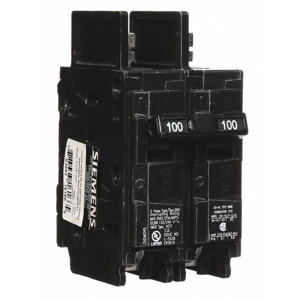 Miniature Circuit Breaker, 100 A, 120/240V AC, 2 Pole, Bolt On Mounting Style, BQH Series