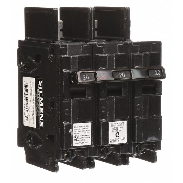 Miniature Circuit Breaker, 20 A, 240V AC, 3 Pole, Bolt On Mounting Style, BQH Series