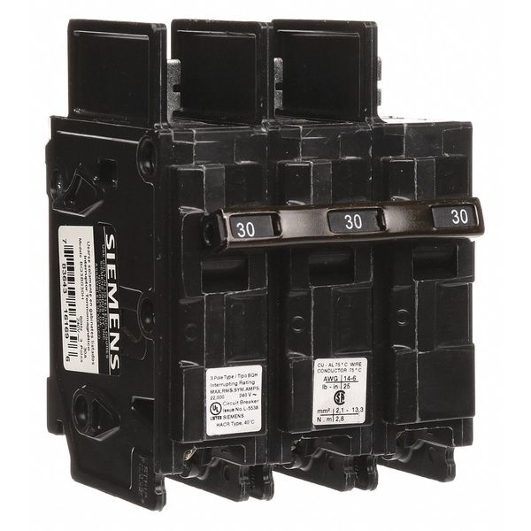 Miniature Circuit Breaker, 30 A, 240V AC, 3 Pole, Bolt On Mounting Style, BQH Series