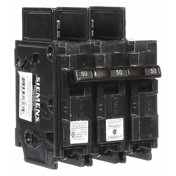 Miniature Circuit Breaker, 50 A, 240V AC, 3 Pole, Bolt On Mounting Style, BQH Series