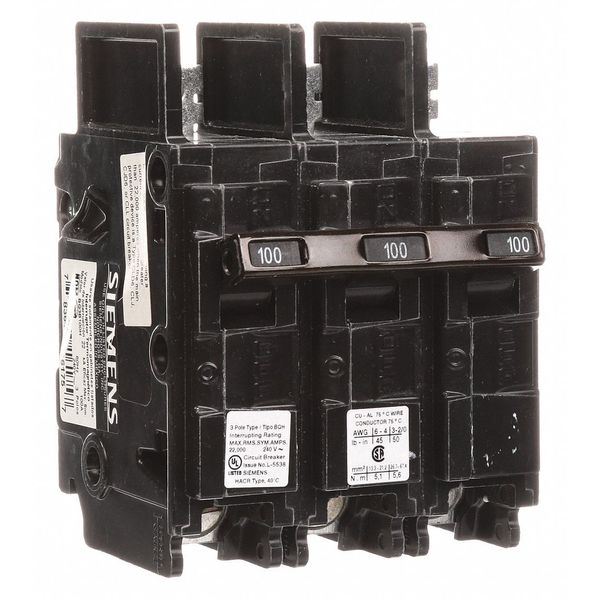 Miniature Circuit Breaker, 100 A, 240V AC, 3 Pole, Bolt On Mounting Style, BQH Series