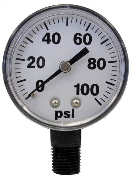 Pressure Gauge, 0 to 100 psi, 2In, 1/4In