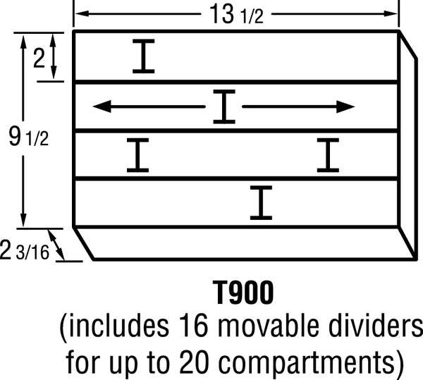 Adjustable Compartment Box with 4 to 20 compartments, Plastic, 2 in H x 8-7/8 in W