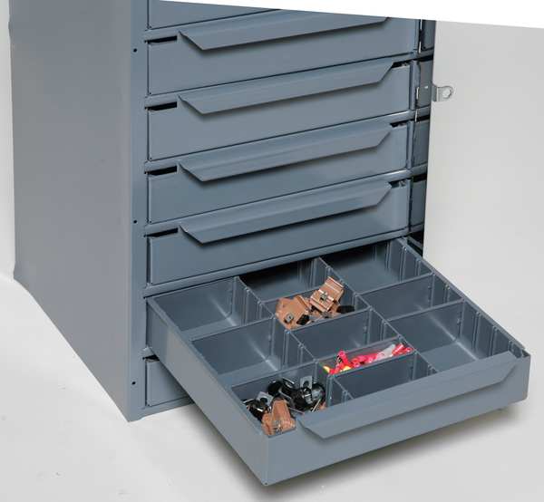 Storage Cabinet, 24 1/2 in H, 12 5/8 in W, 12 1/8 in D, 9 Drawers, 1 Shelves, Steel, Gray