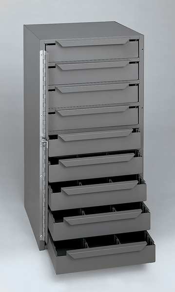 Storage Cabinet, 24 1/2 in H, 12 5/8 in W, 12 1/8 in D, 9 Drawers, 1 Shelves, Steel, Gray