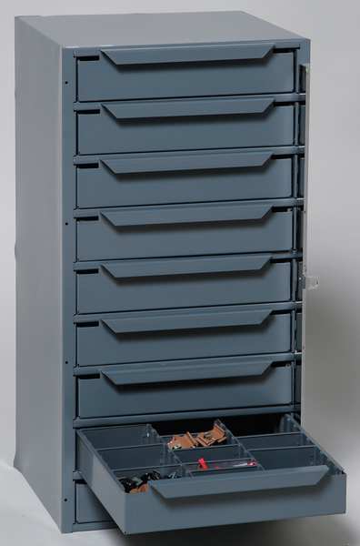 Storage Cabinet, 24 1/2 in H, 12 5/8 in W, 12 1/8 in D, 9 Drawers, 1 Shelves, Steel, Gray