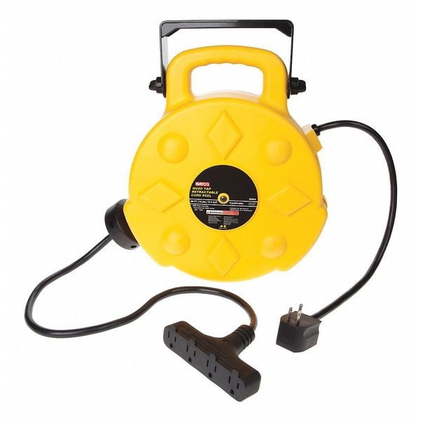 Retractable Cord Reel, 12 AWG, 2 ft, SJT, 120V AC, NEMA 5-15, Quad Tap Connector, Grounding Plug
