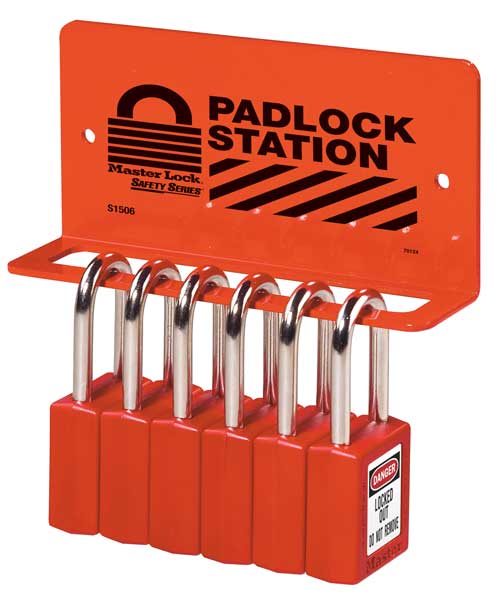 Padlock Station, Unfilled, Holds 18 Padlocks, 3 in H x 17.5 in W, English/French/Spanish, Red