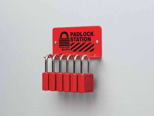 Padlock Station, Unfilled, Holds 18 Padlocks, 3 in H x 17.5 in W, English/French/Spanish, Red