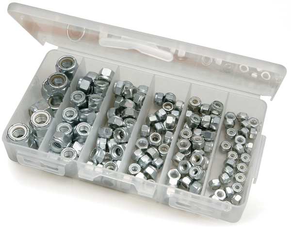 Zinc Plated Finish Steel Standard Hex Nylon Insert Hex Lock Nut Assortment, 150 pcs.