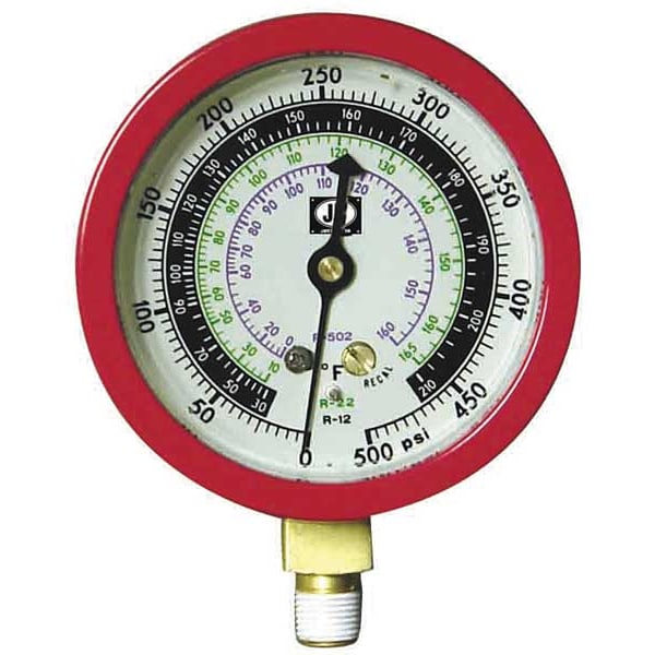 Gauge, 3-1/8 In Dia, High Side, Red, 500 psi