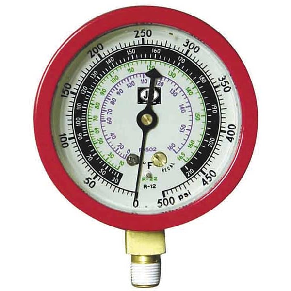 Gauge, 3-1/8 In Dia, High Side, Red, 800 psi